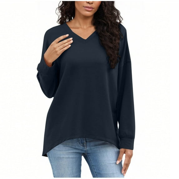 Cotton Long Sleeve Tops Womens V Neck Loose Casual High Low Hem T-shirts Drop Shoulder Solid Tee Tshirts (XL, Navy)