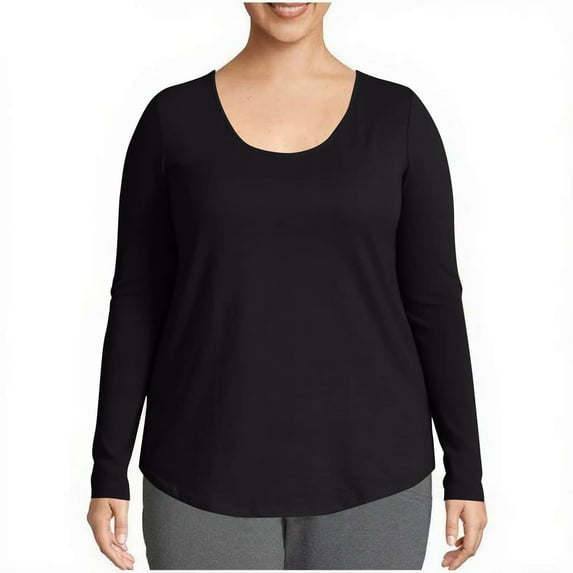 Cotton Long Sleeve Tops for Women Plus Size S-5X Classic Fit Round Neck Plain Tshirts Casual Fall Base Tees (M, Black)