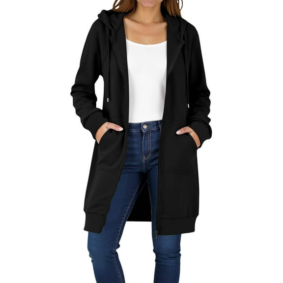 Cotton Long Sweatshirt Coat for Women with Pockets Full Zip Mid-Length Hoodie JacketCasual Fall Hooded Outerwear (XL, Black)