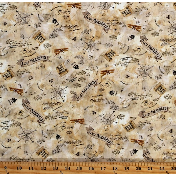 Cotton Lost Treasures Treasure Maps Jungle Explorers Vintage-Look Tan Cotton Fabric Print by the Yard (DDC10158-BEIG-D)