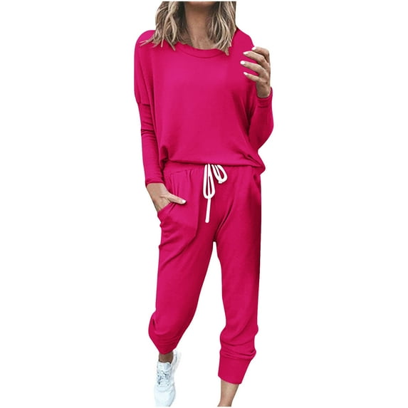 Cotton Lounge Outfits 2 Piece Sweatsuits Womens Long Sleeve Crewneck Pullover Tops Drawstring Sweat Pants Tracksuit (M, Hot Pink)