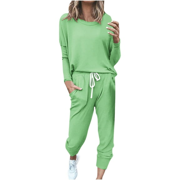 Cotton Lounge Outfits 2 Piece Sweatsuits Womens Long Sleeve Crewneck Pullover Tops Drawstring Sweat Pants Tracksuit (XL, Mint Green)