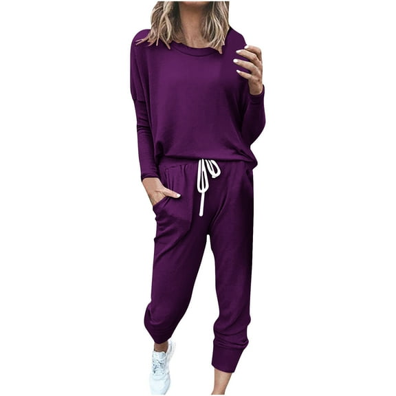 Cotton Lounge Outfits Two Piece Sweatsuits Womens Long Sleeve Crewneck Pullover Tops Drawstring Sweat Pants Tracksuit (2XL, Purple 01)
