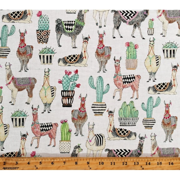 Cotton Lovely Llamas Cactus Cacti Desert Animals Southwestern White Cotton Fabric Print by the Yard (CX7297-WHIT-D)