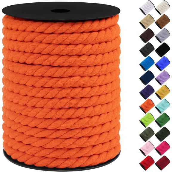 Cotton Macrame Cord 10mm x 75ft, Thick Colored Craft Yarn, 3 Strand Twisted Rope for Wall Hanging, Plant Hangers, DIY Crafts, Basket (Orange) Orange 10 23,000 mm