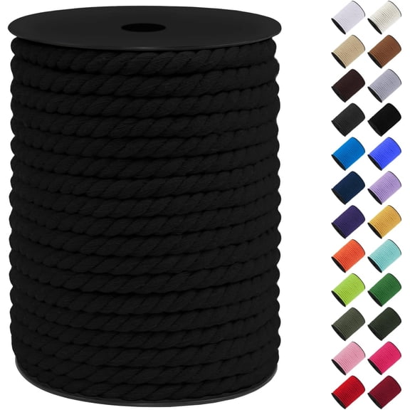 Cotton Macrame Cord 8mm x 131ft, Thick Rope Yarn, 3 Strand Twisted for DIY Crafts, Wall Hanging, Plant Hangers, Basket (Black) Black 8 40,000 mm