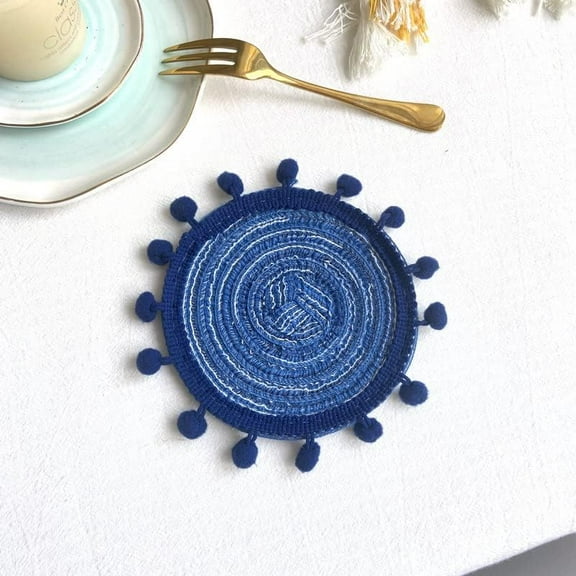 Cotton Macrame Cup Mats Handmade Coaster Round Dark Blue 130mm 2pcs/set