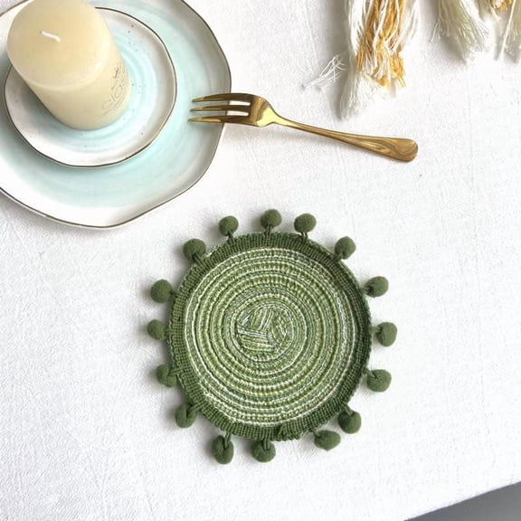 Cotton Macrame Cup Mats Handmade Coaster Round Dark Olive Green 130mm 3pcs/set