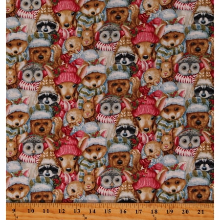 Cotton Magical Menagerie Woodland Animals Hats Scarfs Winter Christmas Seasonal Holiday Bears Racoons Deer Multicolor Cotton Fabric Print by the Yard (1362-78)