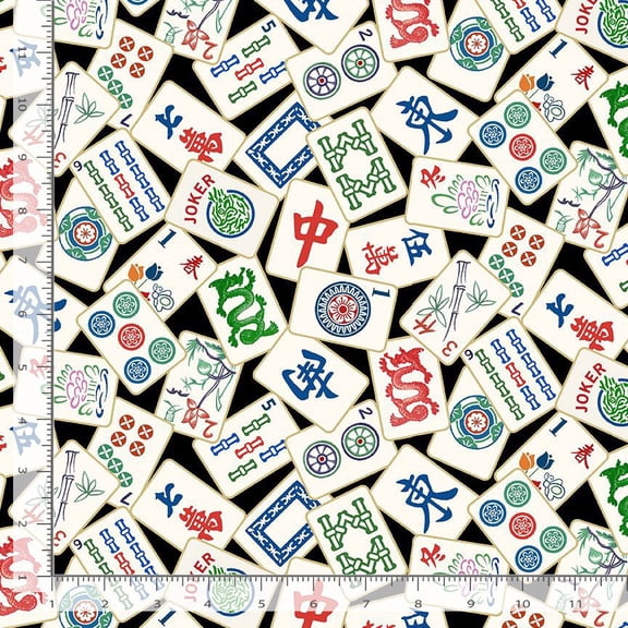 Cotton Mahjong Game Tiles Chinese Traditional on Black Timeless Treasures Cotton Fabric Print by the Yard (FUN-CD2741-BLACK)