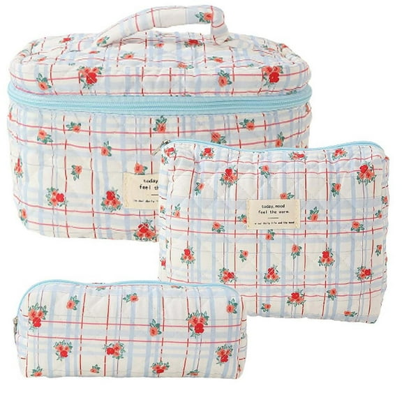 Cotton Makeup Bags, Quilted Cosmetic Pouches, 3 Piece Floral Pattern Travel Makeup Organizer Set, Soft Durable Material, Multiple Sizes for Toiletries and Accessories Storage