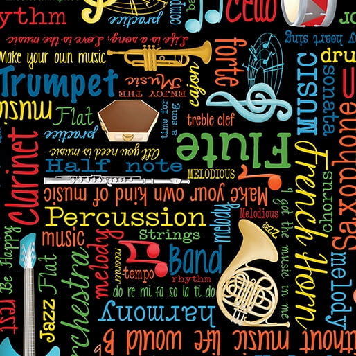 Cotton Making Music Musical Notes Words Colorful Instruments Jazz Bands Benartex Black Cotton Fabric Print by the Yard (14769-12)