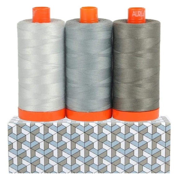 Cotton Mako Embroidery Thread - 3pc Grey Set, 1300m - Long Staple Egyptian Cotton 50wt, 2ply for Machine Embroidery, Quilting & Sewing