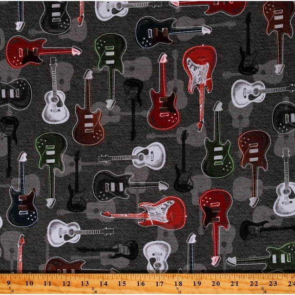 Cotton Man Cave Musical Instruments Guitar Strings Music Charcoal Cotton Fabric Print by the Yard (AKND-22335-184-CHARCOAL)