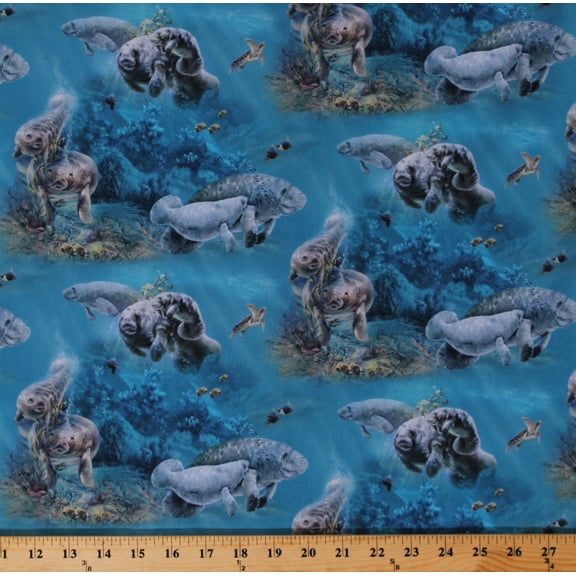 Cotton Manatees Sea Turtles Fish Aquatic Animals Nature Nautical Gentle Giants Cotton Fabric Print by the Yard (20000AQUA)