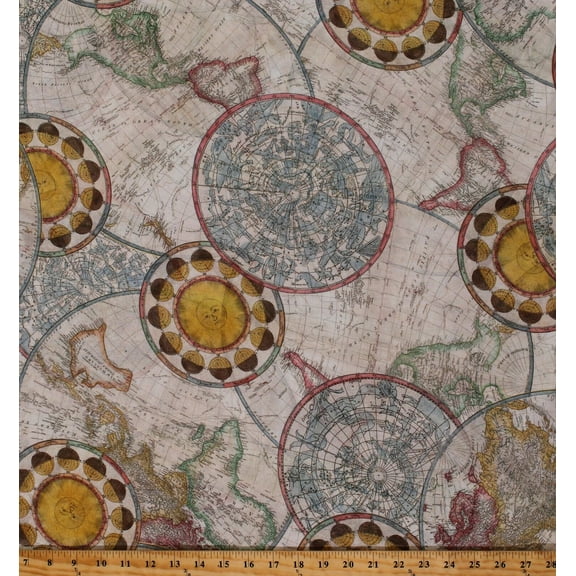 Cotton Maps Vintage Globe Global Astronomy Library of Rarities Natural 108" Wide Cotton Fabric by the Yard (SRKXD-19187-200 Vintage)