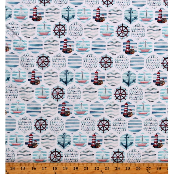 Cotton Maritime Nautical Patchwork Aqua Beach Ocean Anchor Water Boats Sea Waves Lighthouses White Cotton Fabric Print by the Yard (131428)