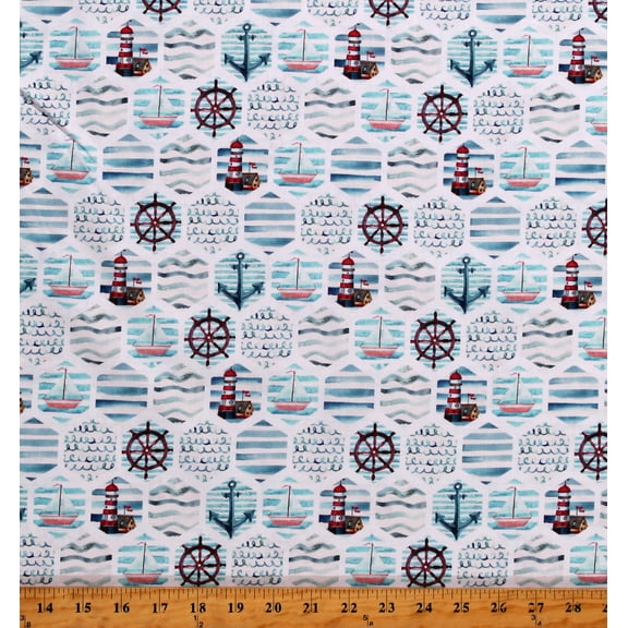 Cotton Maritime Nautical Patchwork Aqua Beach Ocean Anchor Water Boats Sea Waves Lighthouses White Cotton Fabric Print by the Yard (131428)