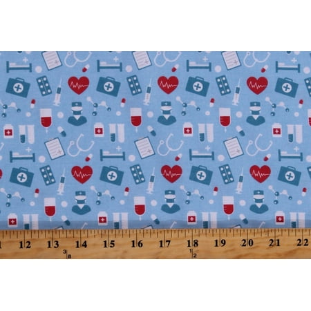Cotton Medical Equipment Nurses First Aid Hospital Heartbeat Blue Cotton Fabric Print by the Yard (110832-CA61220)
