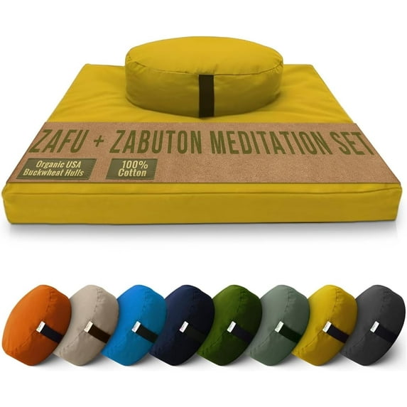 Cotton Meditation Cushion and Mat Set - Organic Buckwheat Filled Oval Zafu Meditation Pillow and Cotton Filled Zabuton Floor Pad - Made in USA, Lhasa Gold