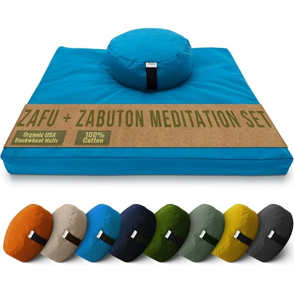 Cotton Meditation Cushion and Mat Set - Organic Buckwheat Filled Round Zafu Meditation Pillow and Cotton Filled Zabuton Floor Pad - Made in USA, Aqua