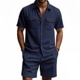thumbnail image 1 of Cotton Men's Two Piece Sets Summer Lounge Sets Casual Short Sleeve Button Shirts and Elastic Waist Drawstring Shorts with Pockets Navy 2XL, 1 of 8