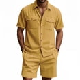 thumbnail image 1 of Cotton Men's Two Piece Sets Summer Lounge Sets Casual Short Sleeve Button Shirts and Elastic Waist Drawstring Shorts with Pockets Yellow S, 1 of 8