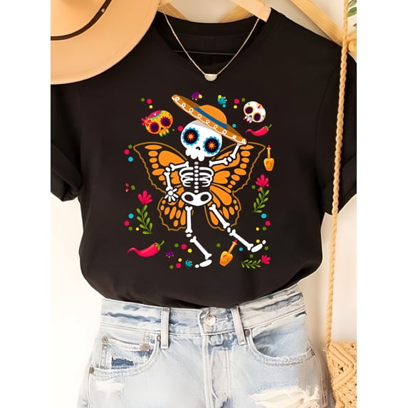 Cotton Men's Women's Tee Shirt Day Of The Dead Skeleton Butterfly Graphic Print Casual Summer Top Holiday Gift