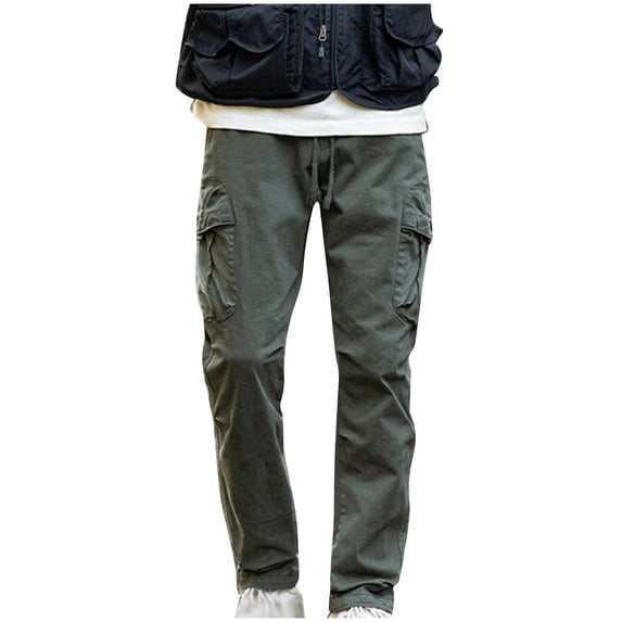 Cotton Mens Cargo Plus Size Pants Solid Color Casual Loose Drawstring Stretch Wide Leg Elastic Waist Joggers Workout Trousers with Pockets,Army Green 4,2XL