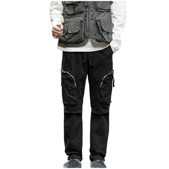 Cotton Mens Cargo Plus Size Pants Solid Color Casual Loose Drawstring Stretch Wide Leg Elastic Waist Joggers Workout Trousers with Pockets,Black 3,5XL