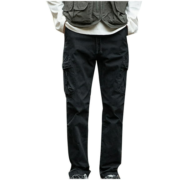 Cotton Mens Cargo Plus Size Pants Solid Color Casual Loose Drawstring Stretch Wide Leg Elastic Waist Joggers Workout Trousers with Pockets,Black 4,5XL