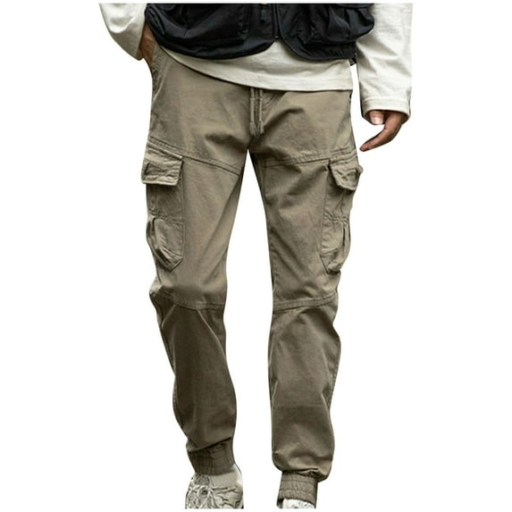 Cotton Mens Cargo Plus Size Pants Solid Color Casual Loose Drawstring Stretch Wide Leg Elastic Waist Joggers Workout Trousers with Pockets,Khaki 2,3XL