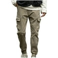 thumbnail image 1 of Cotton Mens Cargo Plus Size Pants Solid Color Casual Loose Drawstring Stretch Wide Leg Elastic Waist Joggers Workout Trousers with Pockets,Khaki 2,5XL, 1 of 5
