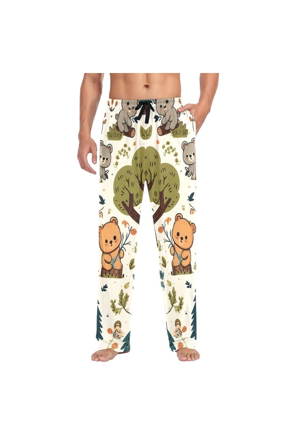 Cotton Mens PJ Pajama Pants Bottoms Waistband Sleepwear with Pockets Cartoon Bear with Tree