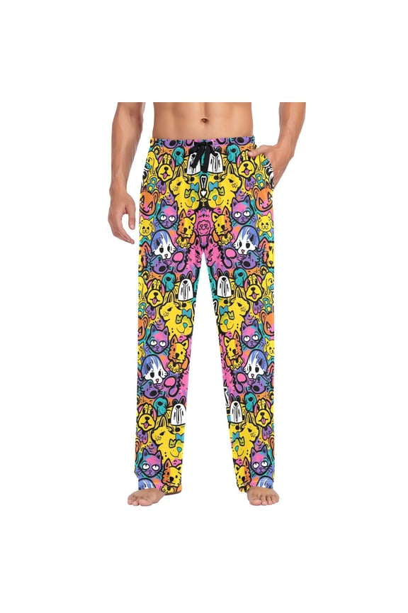 Cotton Mens PJ Pajama Pants Bottoms Waistband Sleepwear with Pockets Cat and Dog Graffiti