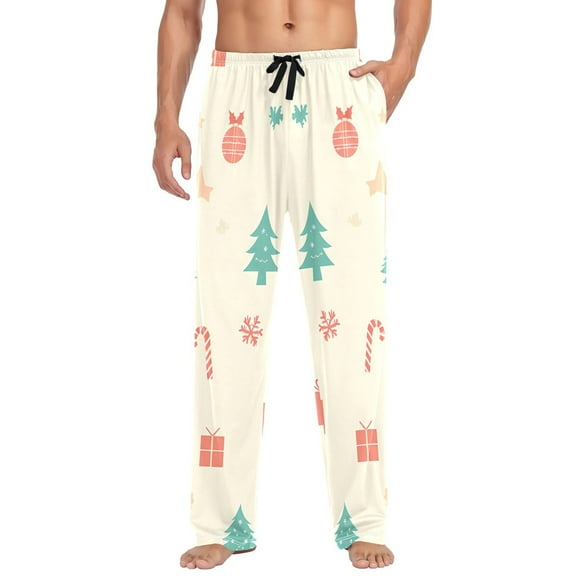 Cotton Mens PJ Pajama Pants Bottoms Waistband Sleepwear with Pockets Christmas Tree Presents Candy Cane
