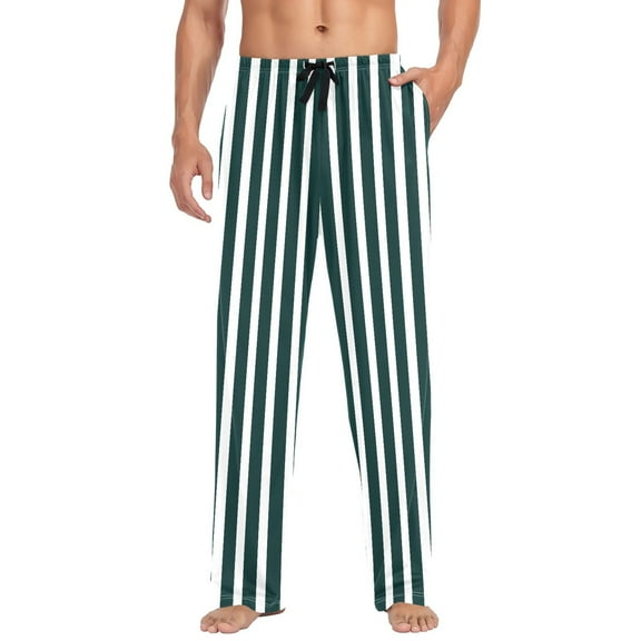 Cotton Mens PJ Pajama Pants Bottoms Waistband Sleepwear with Pockets Dark Green and White Striped