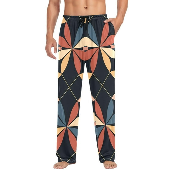 Cotton Mens PJ Pajama Pants Bottoms Waistband Sleepwear with Pockets Elegant Geometric Shapes