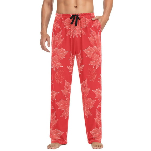 Cotton Mens PJ Pajama Pants Bottoms Waistband Sleepwear with Pockets Hand Drawn Maple Leaves