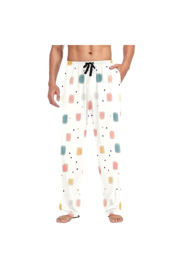 Cotton Mens PJ Pajama Pants Bottoms Waistband Sleepwear with Pockets Hand-drawn Cute Square