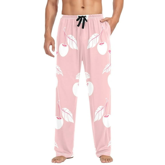 Cotton Mens PJ Pajama Pants Bottoms Waistband Sleepwear with Pockets Lovely Pink Cherry