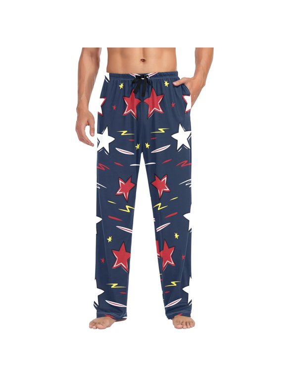 Cotton Mens PJ Pajama Pants Bottoms Waistband Sleepwear with Pockets Red Yellow Stars Sparks Lightning