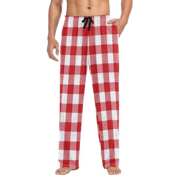 Cotton Mens PJ Pajama Pants Bottoms Waistband Sleepwear with Pockets Red and White Checkered
