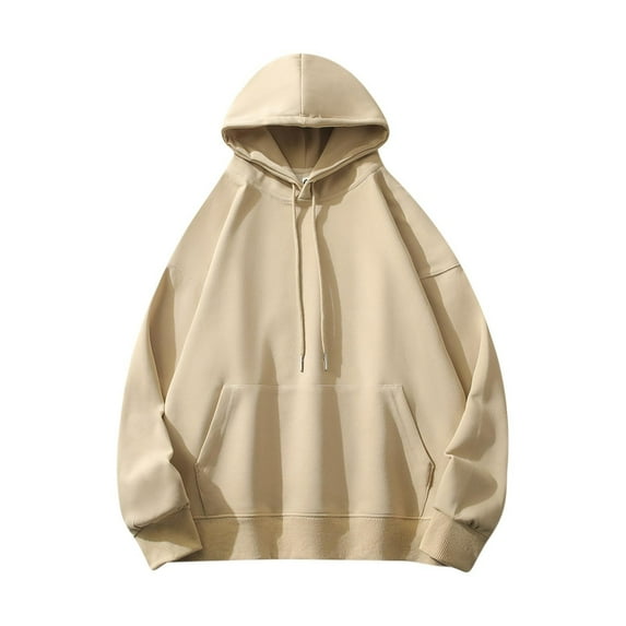 Cotton Mens Plus Size Hoodies Tops 2024 Casual Loose Solid Color Drawstring Long Sleeve Pullover Sweatshirts with Pocket,Khaki,M
