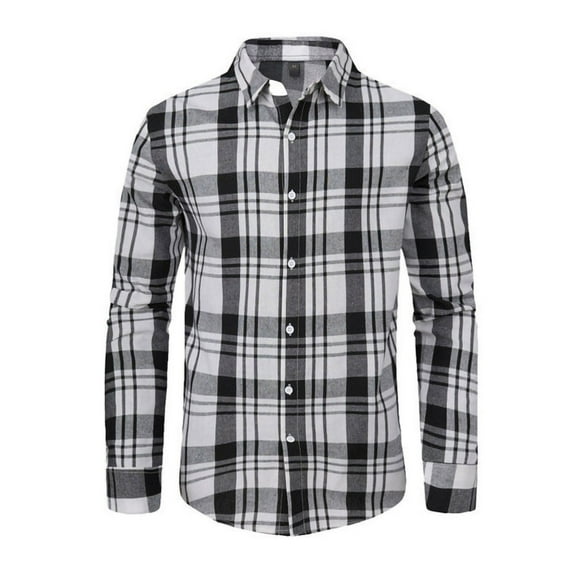 Cotton Mens Plus Size Shirts Vintage Plaid Collar Lapel Long Sleeve Casual Loose Fitting Button Up Work Business Shirts,Black,XL