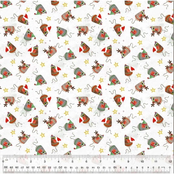 Cotton Meowy Christmas Mouse Cat Toy Christmas Hats Stars Windham Fabrics Cotton Fabric Print by the Yard (54486-1)
