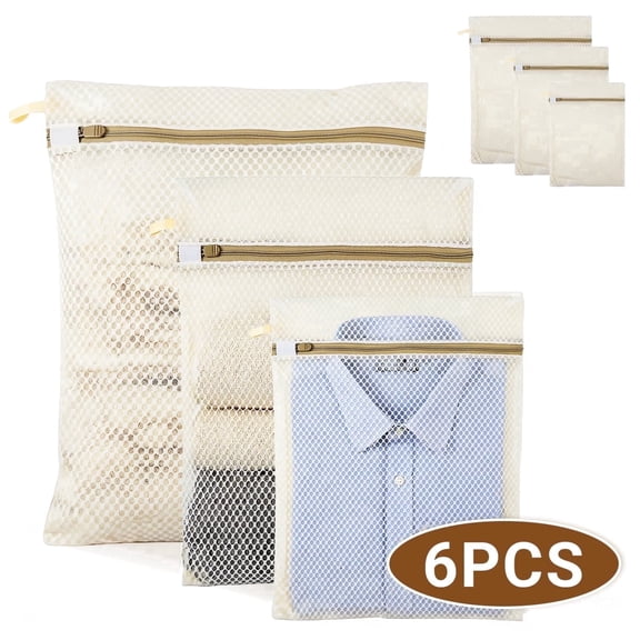 Cotton Mesh Laundry Bags - Sturdy Zipper Wash Bags for Delicates,Bras,Socks,and Shoes in 3 Sizes,6 Pcs