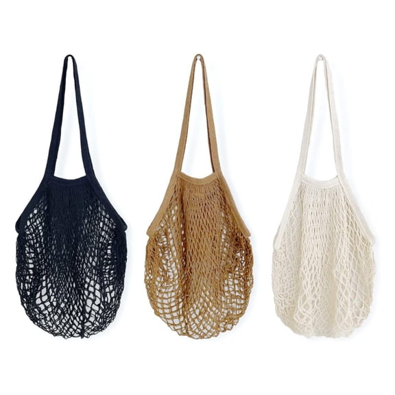 Cotton Mesh Net Foldable Reusable Grocery Bag for Farmers , Vegetables, Produce (Set of 3), Black, Brown, Beige
