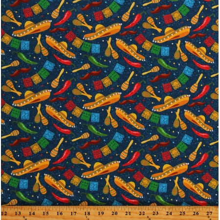 Cotton Mexican Fiesta Sombreros Maracas Papeles Blue Cotton Fabric Print by the Yard (130668)