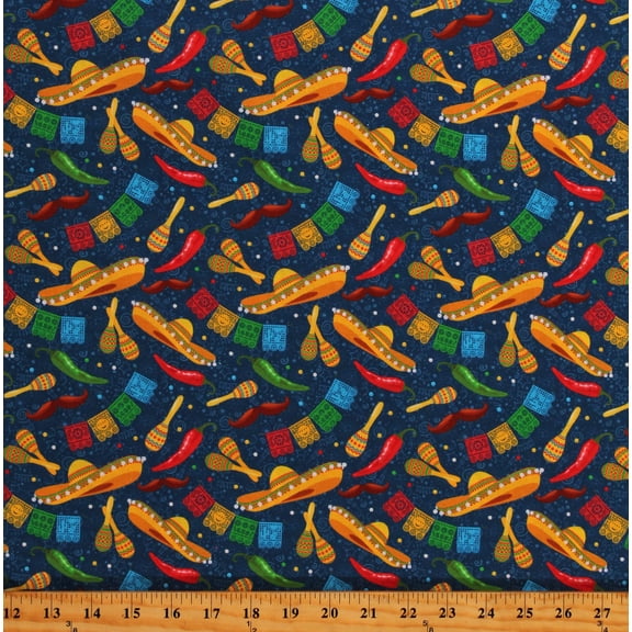 Cotton Mexican Fiesta Sombreros Maracas Papeles Blue Cotton Fabric Print by the Yard (130668)